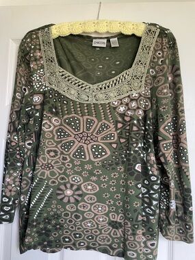 Chico's Forest Green Abstract Print. 3/4  Sleeves with Crochet Neckline.